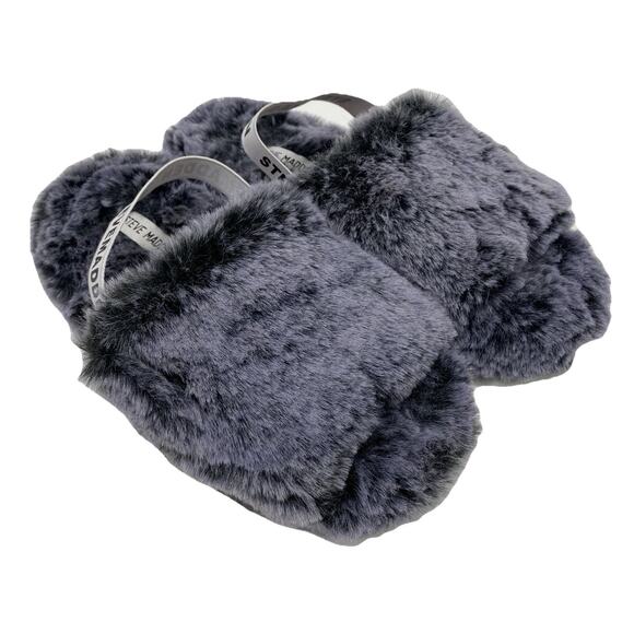 Steve‎ Madden Women's M Slippers Fuzzy Faux Fur Blue Grey Heel Straps Slides - Picture 1 of 9